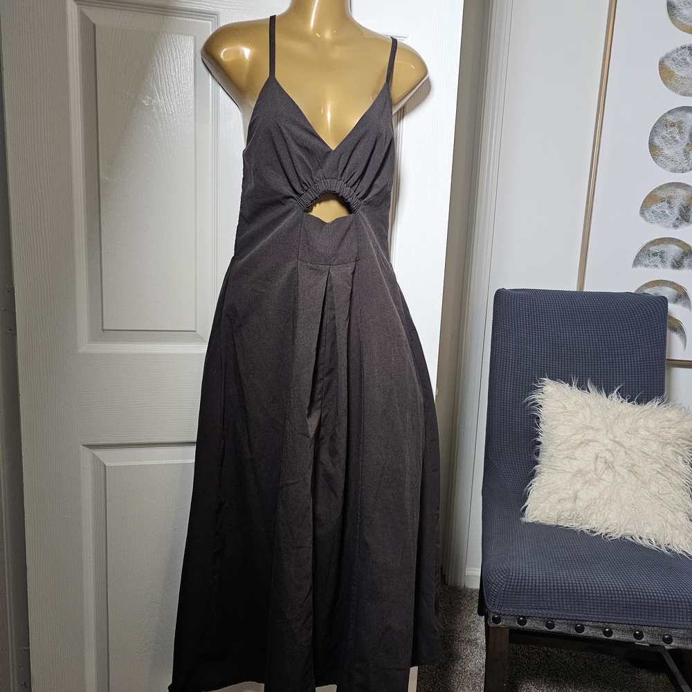 Spaghetti-Strap Black Maxi Dress with Front Cutout